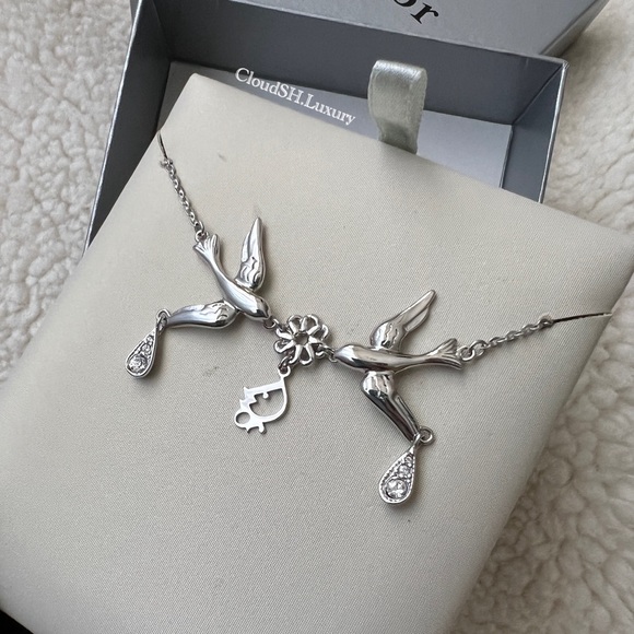 Auth Vintage Dior Logo Bird of flowers Crystal Drop Necklace w/ Silver Hardware - Picture 3 of 7